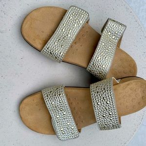 Vionic Slides Sandals Size 9 Double Velcro Closure, Gold Raised Dots, Straps